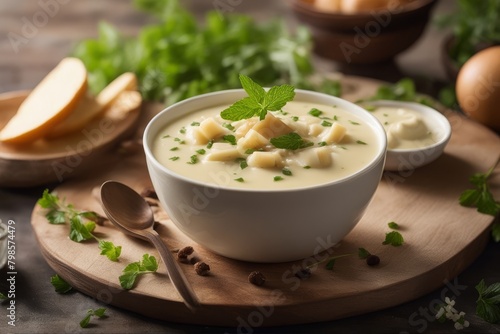 'frische spargelcremesuppe soup asparagus appetiser fresh food warm dish vegetarian vegetable boiled tender diet low-fat kitchen white speciality peeled creamy crouton hot leek tureen bright' photo