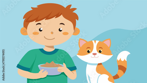 A young boy proudly holds a bowl of food as his first pet a fluffy orange and white kitten eagerly eats from it on their first Pet Care Day.