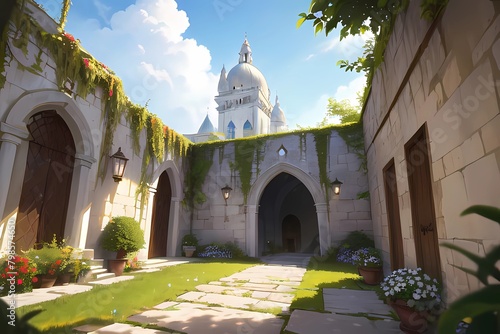 歴史ファンタジーゲーム背景イタリアベニス宮殿風パティオのある春の中庭