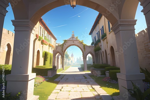 歴史ファンタジーゲーム背景イタリアベニス宮殿風パティオのある春の中庭