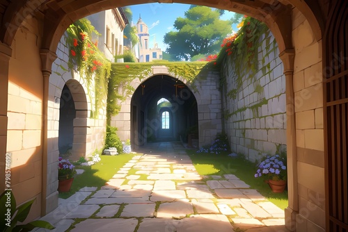 歴史ファンタジーゲーム背景イタリアベニス宮殿風パティオのある隠し通路春の中庭 photo