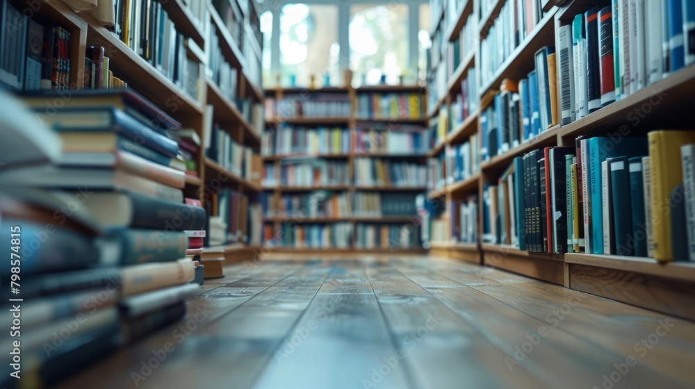 In front of the shelves in the book storage room There is a minimalist notebook on display. The image is intentionally blurred in specific areas, adding depth and creating a sense of perspective. In front of the shelves in the book storage room There is a minimalist notebook on display. The image is intentionally blurred in specific areas, adding depth and creating a sense of perspective.