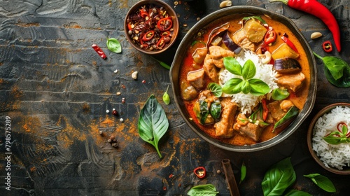 spicy thai curry with pork meat serving with rice and decorating with herbal vegetable ingredients like chili and eggplant on rustic background