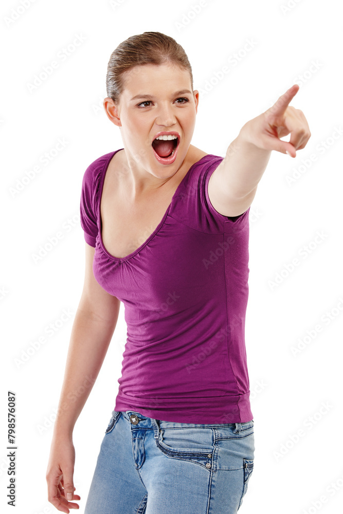 Wow, surprise and girl with hand pointing in studio for news, announcement or offer on white background. Omg, shock and gen z model show unexpected deal, giveaway or competition, results and promo Wow, surprise and girl with hand pointing in studio for news, announcement or offer on white background. Omg, shock and gen z model show unexpected deal, giveaway or competition, results and promo