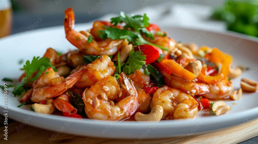 Stir fried crispy shrimp with cashew nuts and sweet pepper in white plate.Thai food not spicy. Stir fried crispy shrimp with cashew nuts and sweet pepper in white plate.Thai food not spicy.