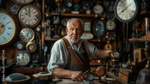 The picture of the adult professional watchmaker working inside workshop that has been filled with various kind of clock and watch, watchmaker need to use concentration and accuracy fix clock. AIG43.
