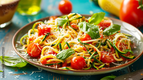 A colorful plate of zucchini noodles (zoodles) tossed with homemade marinara sauce, cherry tomatoes, spinach leaves, and grated Parmesan cheese, offering a low-carb and gluten-free alternative