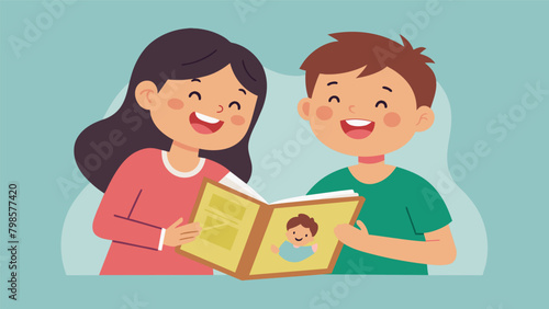 Two siblings laughing and reminiscing about old memories while flipping through a photo album on Sibling Appreciation Day.