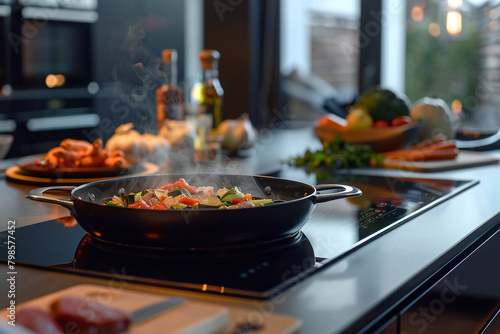 A contemporary induction cooktop with precise temperature controls cooking a gourmet meal.