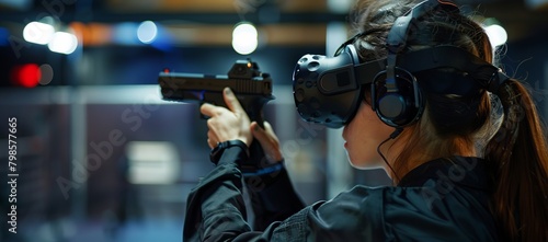 Female trainee using virtual reality equipment for indoor firearms training, aiming with concentration. photo