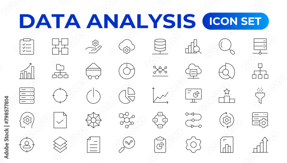 Data analytics icon set. Big data analysis technology symbol. Containing database,computing and network icons. Solid icons vector collection.Data line Analytics, AI, hosting, monitoring. outline icon Data analytics icon set. Big data analysis technology symbol. Containing database,computing and network icons. Solid icons vector collection.Data line Analytics, AI, hosting, monitoring. outline icon