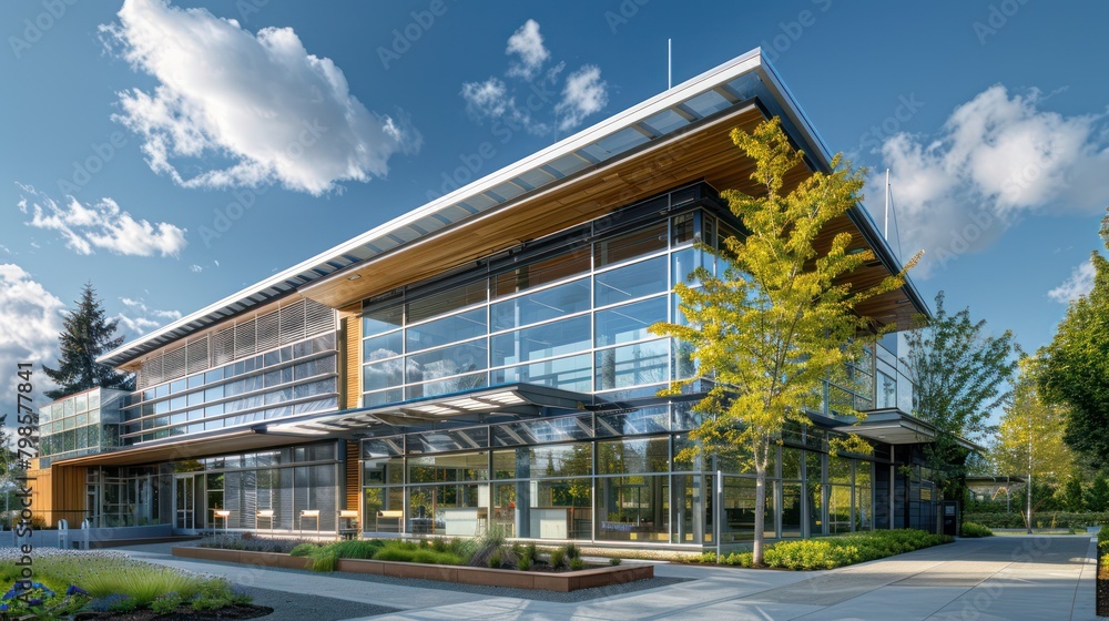 Office building with large glass windows, decorated with green plants to cool the environment. Office building with large glass windows, decorated with green plants to cool the environment.