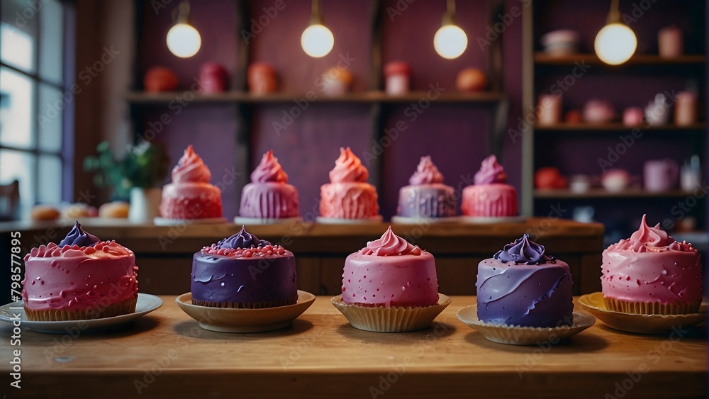 Delicious pink and purple cupcakes and cakes arranged on a wooden table