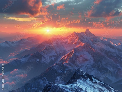 mountaintop view at sunset, expansive, breathtaking , hyper detailed