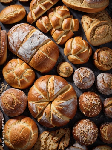 Top down view of several fresh loaves of bread and bread rolls from a bakery