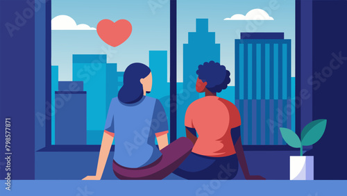 Two best friends sitting on a windowsill gazing out at the city skyline while having a hearttoheart conversation about life and their friendship.. Vector illustration