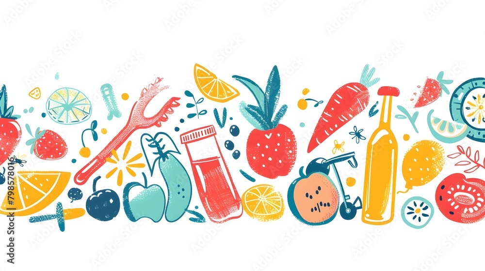 Whimsical of Healthy Lifestyle with Fruits Vegetables and Exercise Equipment Conveying the Concept of Prevention as the Best Medicine Whimsical of Healthy Lifestyle with Fruits Vegetables and Exercise Equipment Conveying the Concept of Prevention as the Best Medicine