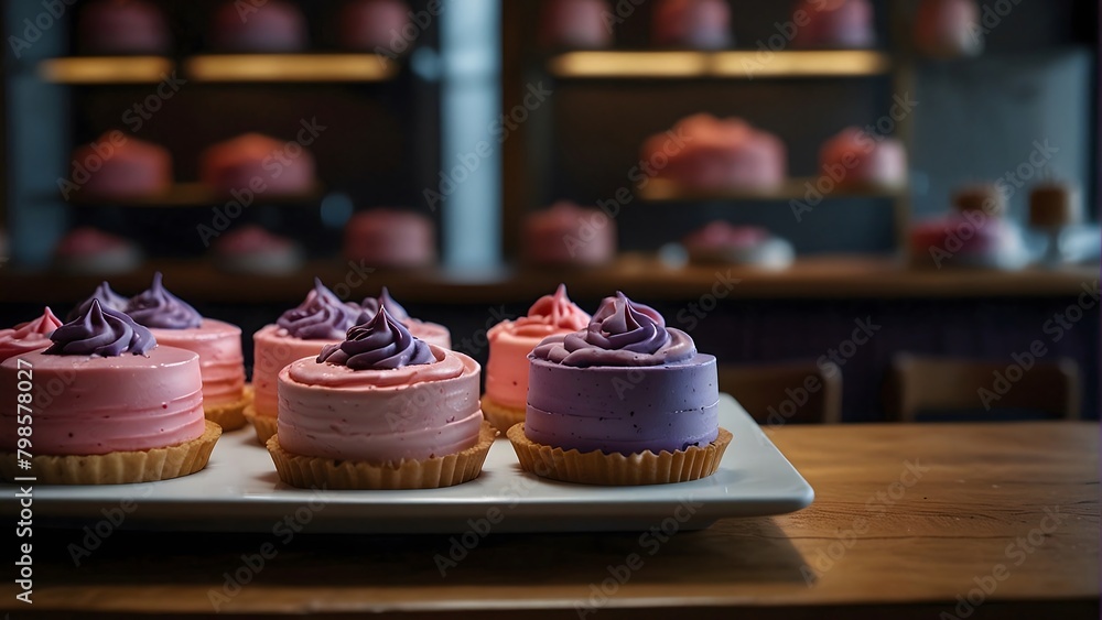 Delicious pink and purple cupcakes and cakes arranged on a wooden table - obrazy, fototapety, plakaty 