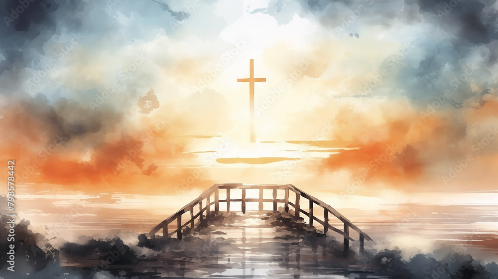Against the holy backdrop of sky, the silhouette of cross serves as a bridge between man and God, embodying religious symbolism of Jesus Christ for Christian believers. religion, cross, god, bridge.