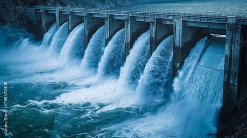 Water cascading down the face of a dam  forming a breathtaking waterfall as excess water is released from the reservoir.