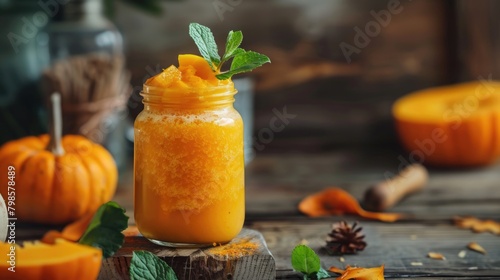 Pumpkin and Orange Smoothie with Mint Leaves in a Jar on Wooden Background photo