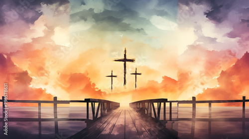 Silhouette of cross against sky at sunset symbolizes bridge between humanity and God in Christian faith, reminding believers of holy presence of Jesus Christ and religious belief and faith. photo