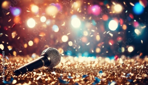 'Light Stage Microphone confetti party blurred music song contest eurovision close background night golden sco Bokeh concert ball Retro disco gold eurovis'