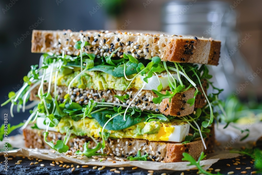 Sandwich with avocado egg spinach microgreens and sesame Sandwich with avocado egg spinach microgreens and sesame