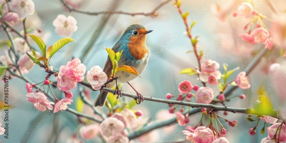 Beautiful bird on flowering branch. Beautiful bird on flowering branch.