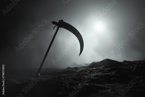A single battle scythe, its silhouette sharp against the backdrop of white, a silent sentinel in the darkness. photo