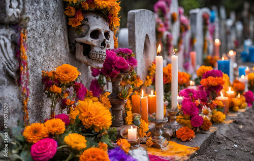 Mexican traditional Day of the Dead table with colorful skulls candles and flowers
 photo