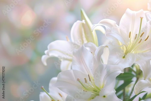 A close-up of elegant white lilies, delicate petals, and a subtle fragrance in the air, set against a soft-focus background of a wedding venue
