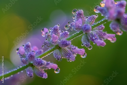 A close-up of lavender flowers, dew drops clinging to the delicate purple petals in the early morning light