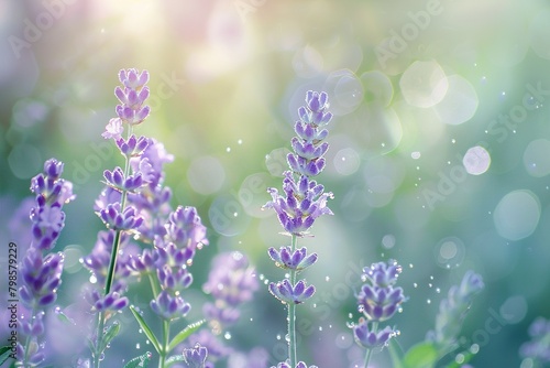 A close-up of lavender flowers, dew-kissed and vibrant against the early morning light, nestled in a serene meadow