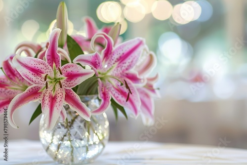 A close-up photograph of elegant Stargazer lilies, vibrant pink petals with white edges, placed in a delicate glass vase on a white linen tablecloth