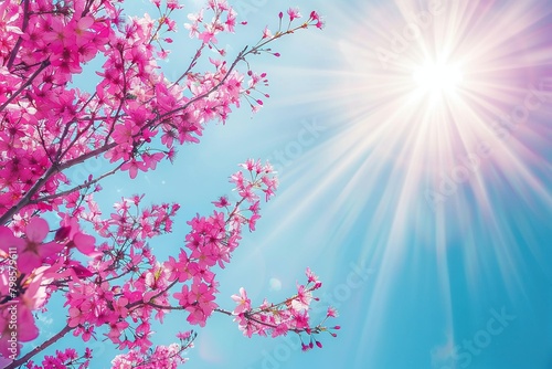 A detailed view of cherry blossom branches  vibrant pink petals against a clear blue sky. Sunbeams highlight the flower s textures