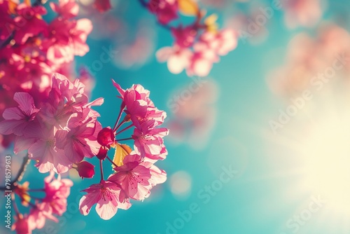 A detailed view of cherry blossom branches, vibrant pink petals against a clear blue sky. Sunbeams highlight the flower's textures