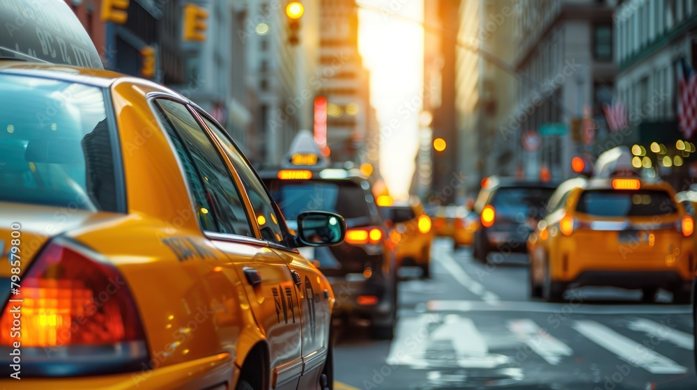 View from the side of a yellow taxi car on an urban street. View from the side of a yellow taxi car on an urban street.