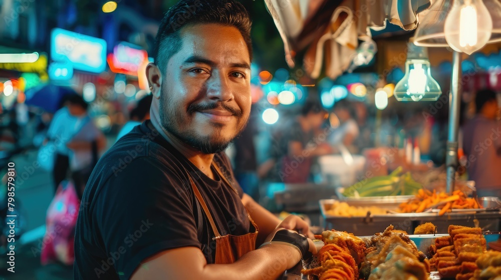 The picture of the street food vendor that has been selling the food near the street that people can walk there to buy at the food stall and eat, the street food is the local small business. AIG43.