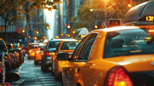 View from the side of a yellow taxi car on an urban street.