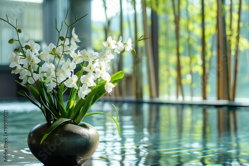 A serene wellness spa lobby  with a focal point on a large  artistic arrangement of Dendrobium orchids in a minimalist vase