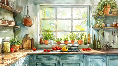 A watercolor painting of a kitchen with a large window, plants on the windowsill, and a variety of vegetables and cooking utensils on the counter.