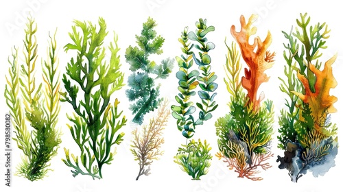 A watercolor painting of a variety of seaweeds.