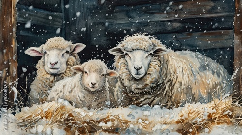 Three sheep in a barn, looking out at the snow. photo