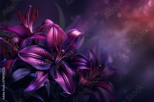 A somber, dignified portrait of deep purple lilies against a dark, blurred background, symbolizing remembrance