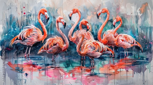 A painting of a group of pink flamingos standing in a blue pond surrounded by green plants. The painting is done in a watercolor style.