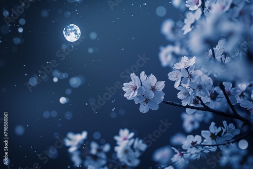 Cherry blossoms captured under the moonlight, petals reflecting the soft lunar glow, night sky backdrop