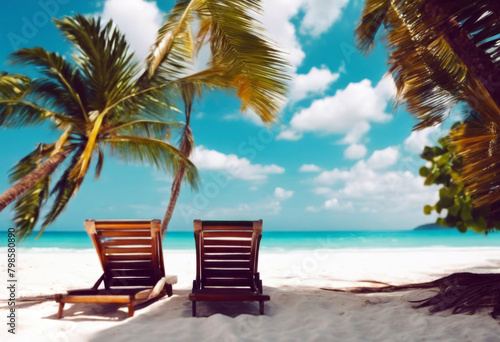 relaxing palm Perfect blue background sand Frame tropical beach ocean leaves loungers white two sun landscape clouds sky flowers Beautiful turquoise © wafi