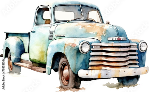Shabby old truck  watercolor illustration. Generative AI