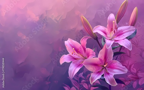 Soft abstract background with pink lilies on a purple background. 